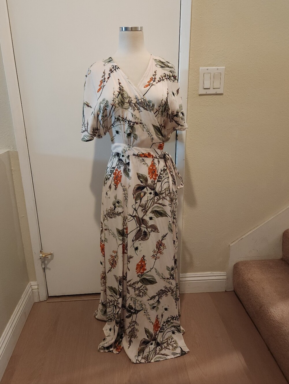 Floral Wrap Maxi Dress in Cream with Orange & Green Accents
